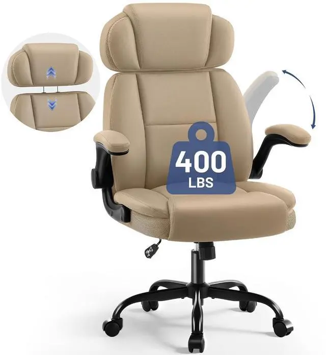 Alt view image 3 of 7 - AreShark Ergonomic Office Chair with Lumbar Support, 400lbs Heavy Duty Big and Tall Executive Desk Chair, PU Leather High Back Computer Chair with Flip-Up Arms & Adjustable Headrest, Khaki