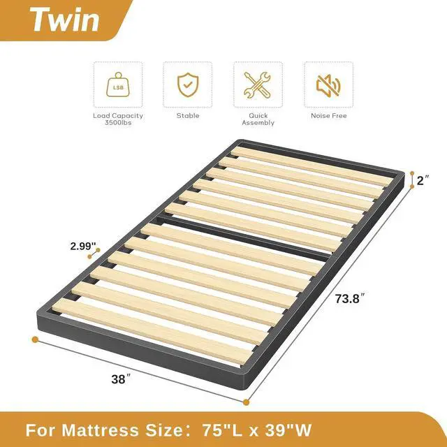 Alt view image 2 of 7 - MAF 2 Inch Twin Box Spring with Round Corners, Bunkie Board with Wood Slats | Low Profile Bed Slat Replacement, 3500 lbs Black Heavy Duty Metal Mattress Foundation, Easy Assembly, Mattress Protection