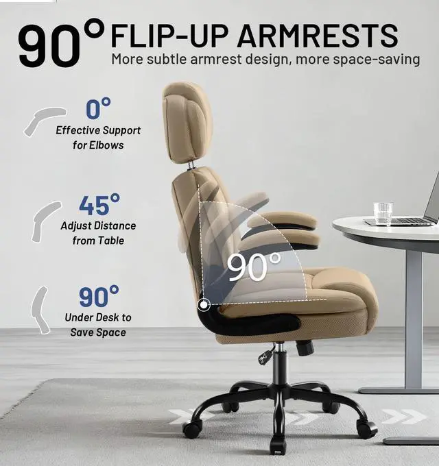 Alt view image 6 of 7 - AreShark Ergonomic Office Chair with Lumbar Support, 400lbs Heavy Duty Big and Tall Executive Desk Chair, PU Leather High Back Computer Chair with Flip-Up Arms & Adjustable Headrest, Khaki