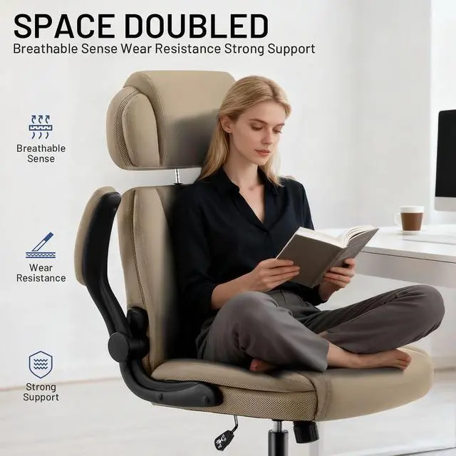Alt view image 4 of 7 - AreShark Ergonomic Office Chair with Lumbar Support, 400lbs Heavy Duty Big and Tall Executive Desk Chair, PU Leather High Back Computer Chair with Flip-Up Arms & Adjustable Headrest, Khaki