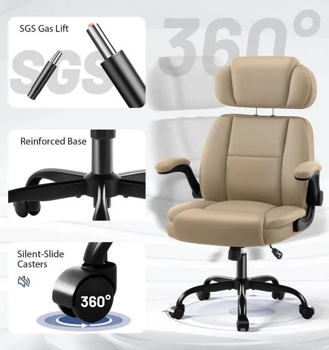 Alt view image 7 of 7 - AreShark Ergonomic Office Chair with Lumbar Support, 400lbs Heavy Duty Big and Tall Executive Desk Chair, PU Leather High Back Computer Chair with Flip-Up Arms & Adjustable Headrest, Khaki
