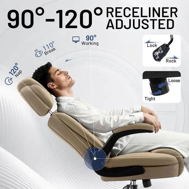 Alt view image 5 of 7 - AreShark Ergonomic Office Chair with Lumbar Support, 400lbs Heavy Duty Big and Tall Executive Desk Chair, PU Leather High Back Computer Chair with Flip-Up Arms & Adjustable Headrest, Khaki