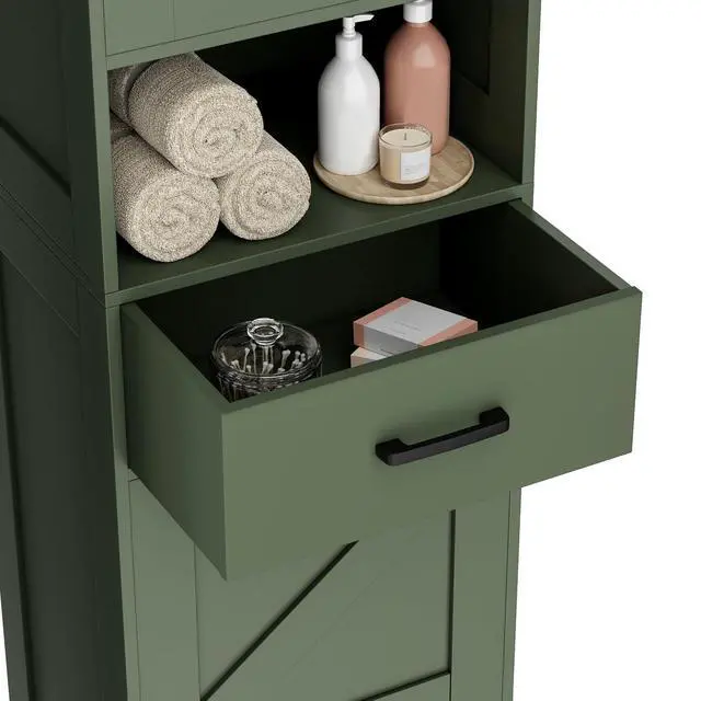 Alt view image 6 of 7 - Homhedy 67" H Tall Bathroom Storage Cabinet with Barn Doors and Drawer | Narrow Storage Unit with Adjustable Shelves, Floor Cabinet for Bathroom, Living Room, Entryway or Kitchen, Green, 15.7" W