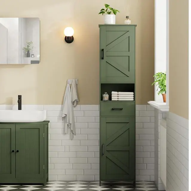 Alt view image 7 of 7 - Homhedy 67" H Tall Bathroom Storage Cabinet with Barn Doors and Drawer | Narrow Storage Unit with Adjustable Shelves, Floor Cabinet for Bathroom, Living Room, Entryway or Kitchen, Green, 15.7" W