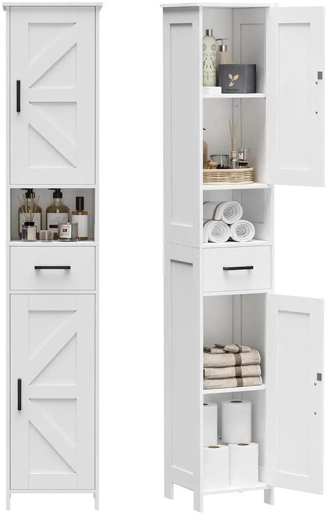 Main image of Homhedy 67" H Tall Bathroom Storage Cabinet with Barn Doors and Drawer | Narrow Storage Unit with Adjustable Shelves, Floor Cabinet for Bathroom, Living Room, Entryway or Kitchen, White, 11.8" W