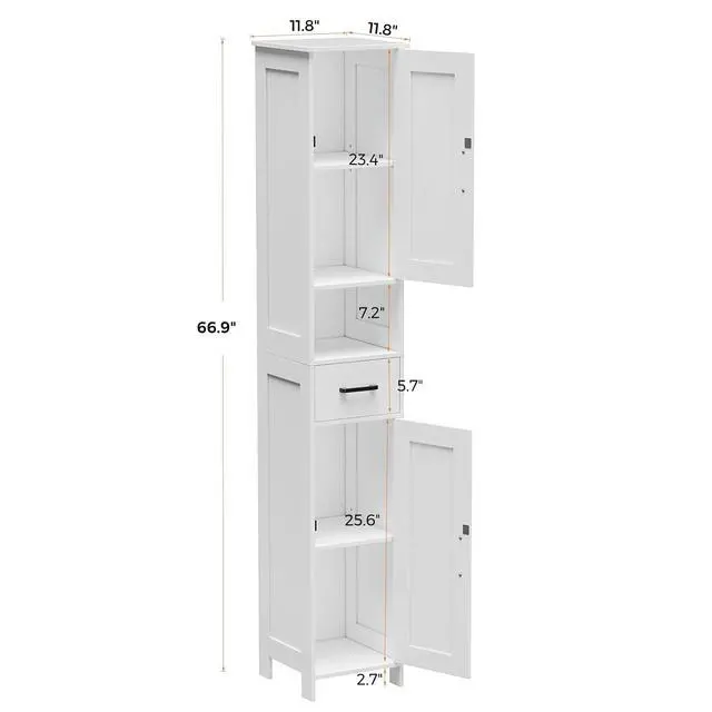 Alt view image 3 of 7 - Homhedy 67" H Tall Bathroom Storage Cabinet with Barn Doors and Drawer | Narrow Storage Unit with Adjustable Shelves, Floor Cabinet for Bathroom, Living Room, Entryway or Kitchen, White, 11.8" W