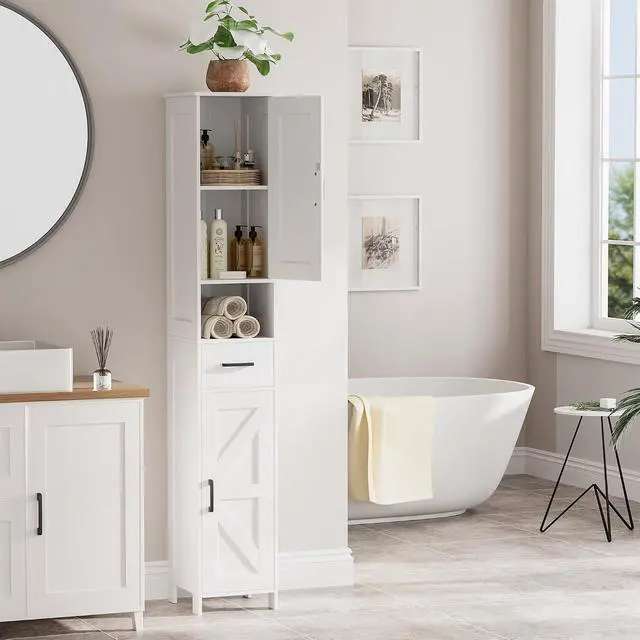 Alt view image 2 of 7 - Homhedy 67" H Tall Bathroom Storage Cabinet with Barn Doors and Drawer | Narrow Storage Unit with Adjustable Shelves, Floor Cabinet for Bathroom, Living Room, Entryway or Kitchen, White, 11.8" W
