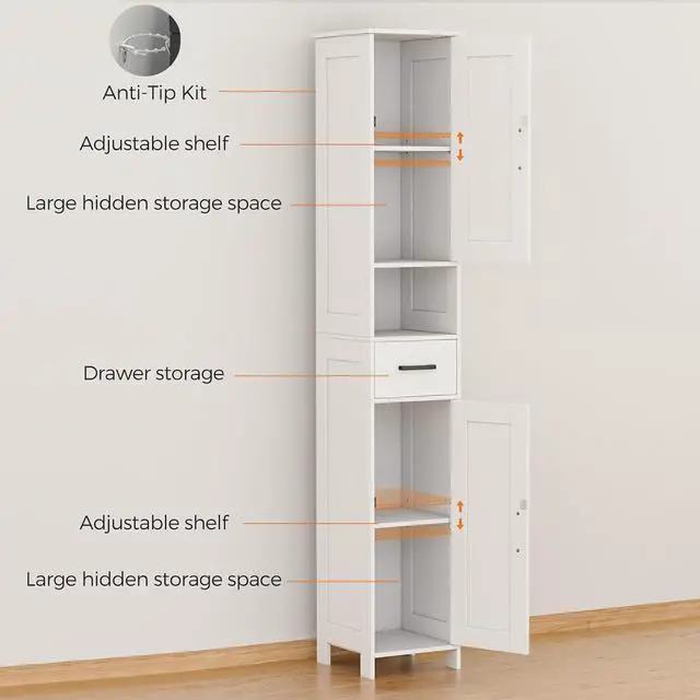 Alt view image 4 of 7 - Homhedy 67" H Tall Bathroom Storage Cabinet with Barn Doors and Drawer | Narrow Storage Unit with Adjustable Shelves, Floor Cabinet for Bathroom, Living Room, Entryway or Kitchen, White, 11.8" W