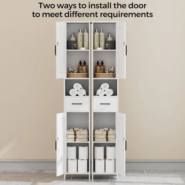 Alt view image 5 of 7 - Homhedy 67" H Tall Bathroom Storage Cabinet with Barn Doors and Drawer | Narrow Storage Unit with Adjustable Shelves, Floor Cabinet for Bathroom, Living Room, Entryway or Kitchen, White, 11.8" W