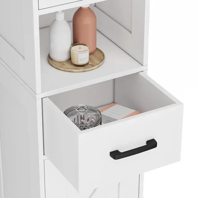 Alt view image 6 of 7 - Homhedy 67" H Tall Bathroom Storage Cabinet with Barn Doors and Drawer | Narrow Storage Unit with Adjustable Shelves, Floor Cabinet for Bathroom, Living Room, Entryway or Kitchen, White, 11.8" W