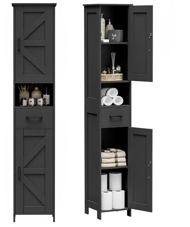 Main image of Homhedy 67" H Tall Bathroom Storage Cabinet with Barn Doors and Drawer | Narrow Storage Unit with Adjustable Shelves, Floor Cabinet for Bathroom, Living Room, Entryway or Kitchen, Black, 11.8" W
