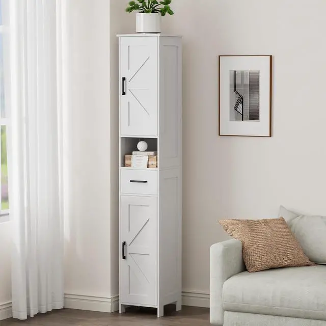 Alt view image 7 of 7 - Homhedy 67" H Tall Bathroom Storage Cabinet with Barn Doors and Drawer | Narrow Storage Unit with Adjustable Shelves, Floor Cabinet for Bathroom, Living Room, Entryway or Kitchen, White, 11.8" W