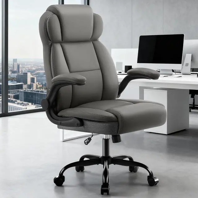 Alt view image 2 of 7 - AreShark Ergonomic Office Chair with High Back Headrest,PU Leather Executive Desk Chair Padded Flip-Up Armrests,Lumbar Support,Swivel Computer Chair for Home Office & Gaming,Gray