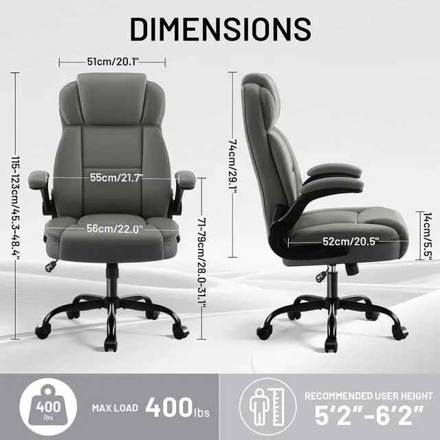 Alt view image 3 of 7 - AreShark Ergonomic Office Chair with High Back Headrest,PU Leather Executive Desk Chair Padded Flip-Up Armrests,Lumbar Support,Swivel Computer Chair for Home Office & Gaming,Gray