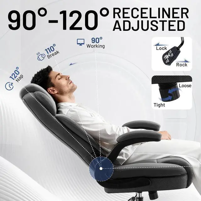 Alt view image 5 of 7 - AreShark Ergonomic Office Chair with High Back Headrest,PU Leather Executive Desk Chair Padded Flip-Up Armrests,Lumbar Support,Swivel Computer Chair for Home Office & Gaming,Gray