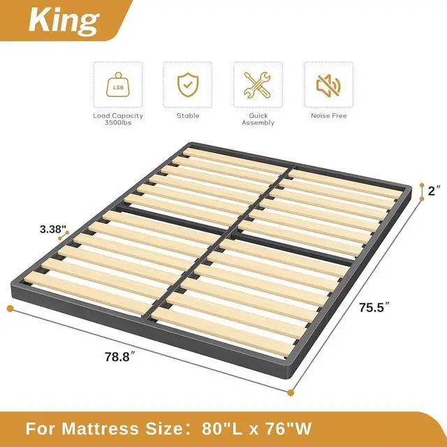 Alt view image 2 of 7 - MAF Box Spring King 2 Inch with Round Corners, Bunkie Board with Wood Slats | Low Profile, Bed Slat Replacement, 3500 lbs Black Heavy Duty Bed Base, Metal Mattress Protection Foundation, Easy Assembly