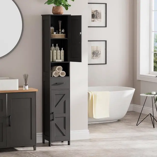 Alt view image 2 of 7 - Homhedy 67" H Tall Bathroom Storage Cabinet with Barn Doors and Drawer | Narrow Storage Unit with Adjustable Shelves, Floor Cabinet for Bathroom, Living Room, Entryway or Kitchen, Black, 11.8" W