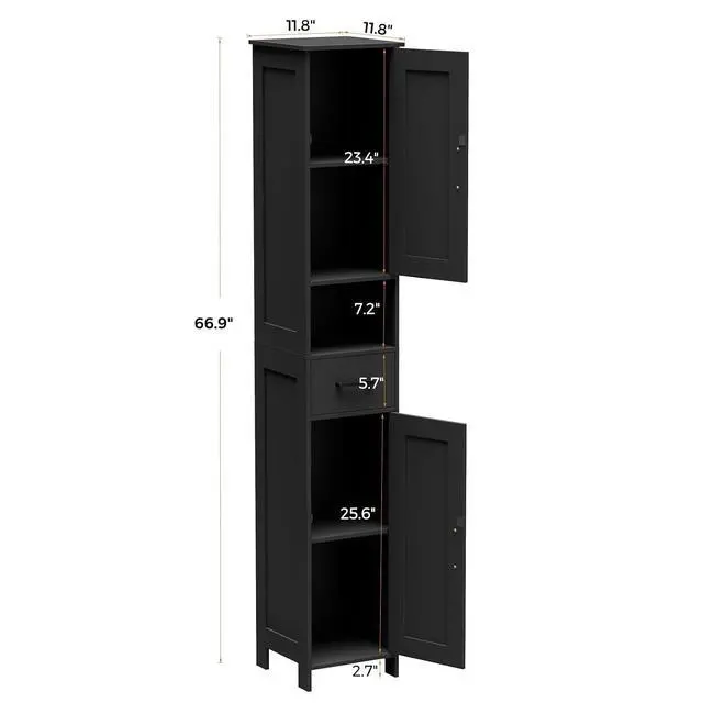 Alt view image 3 of 7 - Homhedy 67" H Tall Bathroom Storage Cabinet with Barn Doors and Drawer | Narrow Storage Unit with Adjustable Shelves, Floor Cabinet for Bathroom, Living Room, Entryway or Kitchen, Black, 11.8" W