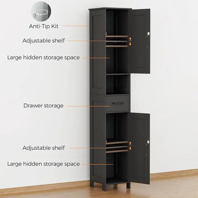 Alt view image 4 of 7 - Homhedy 67" H Tall Bathroom Storage Cabinet with Barn Doors and Drawer | Narrow Storage Unit with Adjustable Shelves, Floor Cabinet for Bathroom, Living Room, Entryway or Kitchen, Black, 11.8" W