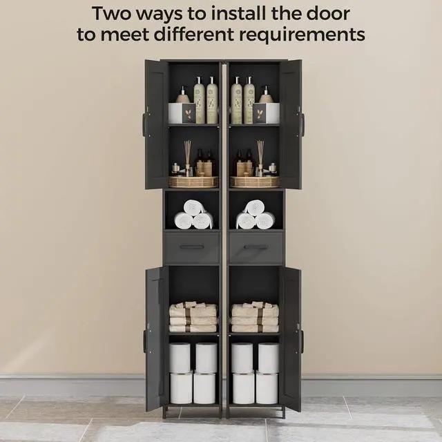 Alt view image 5 of 7 - Homhedy 67" H Tall Bathroom Storage Cabinet with Barn Doors and Drawer | Narrow Storage Unit with Adjustable Shelves, Floor Cabinet for Bathroom, Living Room, Entryway or Kitchen, Black, 11.8" W