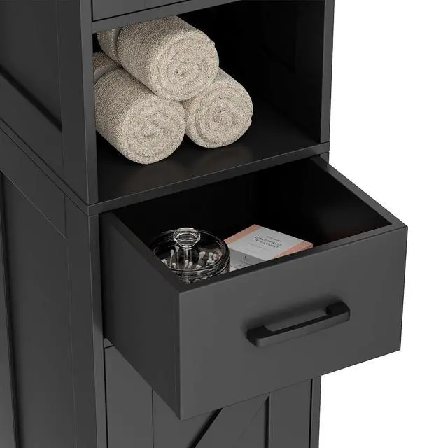 Alt view image 6 of 7 - Homhedy 67" H Tall Bathroom Storage Cabinet with Barn Doors and Drawer | Narrow Storage Unit with Adjustable Shelves, Floor Cabinet for Bathroom, Living Room, Entryway or Kitchen, Black, 11.8" W