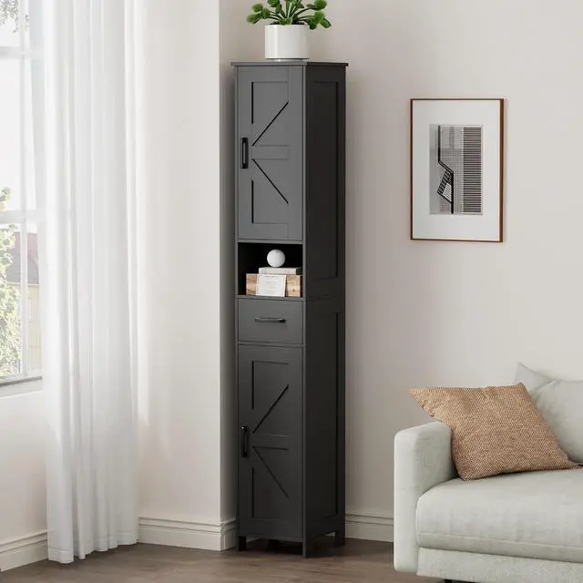 Alt view image 7 of 7 - Homhedy 67" H Tall Bathroom Storage Cabinet with Barn Doors and Drawer | Narrow Storage Unit with Adjustable Shelves, Floor Cabinet for Bathroom, Living Room, Entryway or Kitchen, Black, 11.8" W