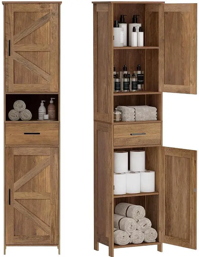 Main image of Homhedy 67" H Tall Bathroom Storage Cabinet with Barn Doors and Drawer | Narrow Storage Unit with Adjustable Shelves, Floor Cabinet for Bathroom, Living Room, Entryway,Kitchen,Rustic Walnut, 15.7" W
