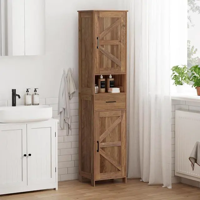 Alt view image 2 of 7 - Homhedy 67" H Tall Bathroom Storage Cabinet with Barn Doors and Drawer | Narrow Storage Unit with Adjustable Shelves, Floor Cabinet for Bathroom, Living Room, Entryway,Kitchen,Rustic Walnut, 15.7" W