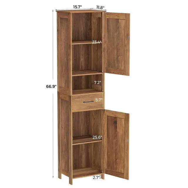 Alt view image 3 of 7 - Homhedy 67" H Tall Bathroom Storage Cabinet with Barn Doors and Drawer | Narrow Storage Unit with Adjustable Shelves, Floor Cabinet for Bathroom, Living Room, Entryway,Kitchen,Rustic Walnut, 15.7" W