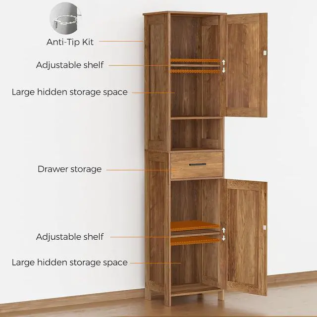 Alt view image 4 of 7 - Homhedy 67" H Tall Bathroom Storage Cabinet with Barn Doors and Drawer | Narrow Storage Unit with Adjustable Shelves, Floor Cabinet for Bathroom, Living Room, Entryway,Kitchen,Rustic Walnut, 15.7" W