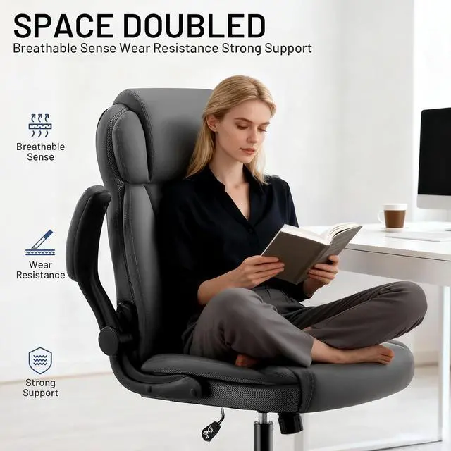 Alt view image 6 of 7 - AreShark Ergonomic Office Chair with High Back Headrest,PU Leather Executive Desk Chair Padded Flip-Up Armrests,Lumbar Support,Swivel Computer Chair for Home Office & Gaming,Gray