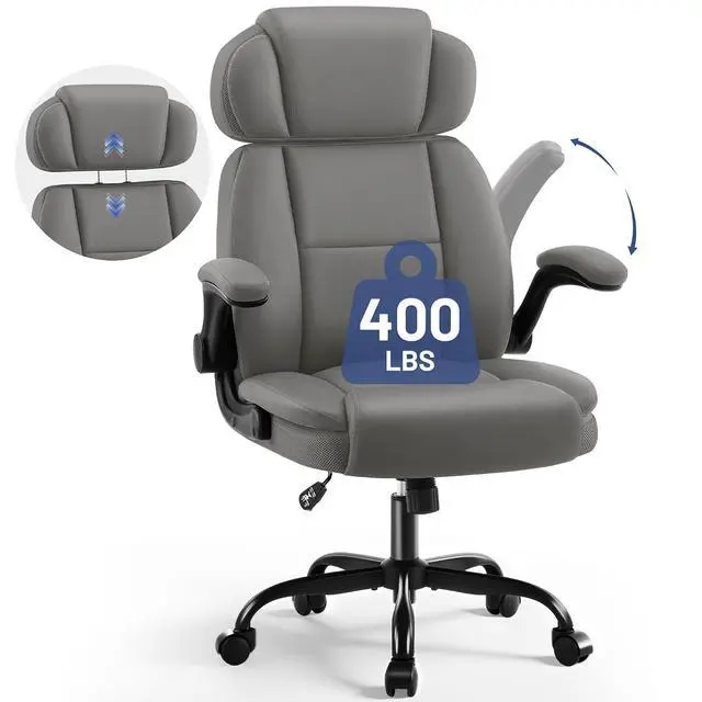 Alt view image 3 of 7 - AreShark Ergonomic Office Chair with Lumbar Support, 400lbs Heavy Duty Big and Tall Executive Desk Chair, PU Leather High Back Computer Chair with Flip-Up Arms & Adjustable Headrest, Gray