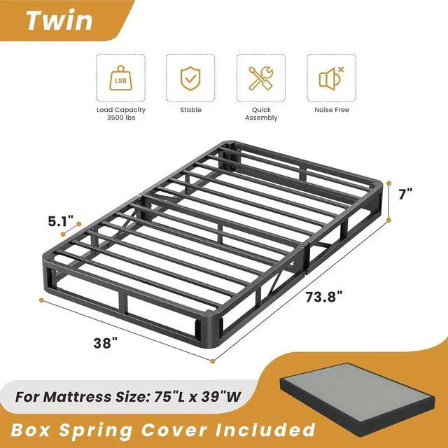 Alt view image 2 of 7 - MAF 7 Inch Twin Box Spring High Profile Metal Bed Base with Fabric Cover | 3500 lbs Black Heavy Duty Support, Round Corner Design, Metal Mattress Foundation, No Squeaky, Easy Assembly, Noise Free