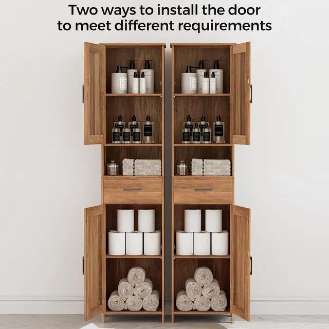 Alt view image 5 of 7 - Homhedy 67" H Tall Bathroom Storage Cabinet with Barn Doors and Drawer | Narrow Storage Unit with Adjustable Shelves, Floor Cabinet for Bathroom, Living Room, Entryway,Kitchen,Rustic Walnut, 15.7" W