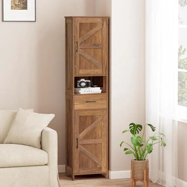 Alt view image 6 of 7 - Homhedy 67" H Tall Bathroom Storage Cabinet with Barn Doors and Drawer | Narrow Storage Unit with Adjustable Shelves, Floor Cabinet for Bathroom, Living Room, Entryway,Kitchen,Rustic Walnut, 15.7" W