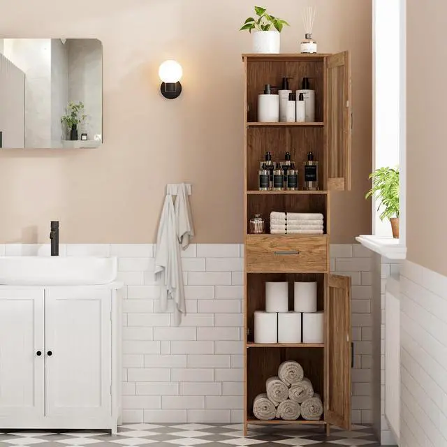 Alt view image 7 of 7 - Homhedy 67" H Tall Bathroom Storage Cabinet with Barn Doors and Drawer | Narrow Storage Unit with Adjustable Shelves, Floor Cabinet for Bathroom, Living Room, Entryway,Kitchen,Rustic Walnut, 15.7" W