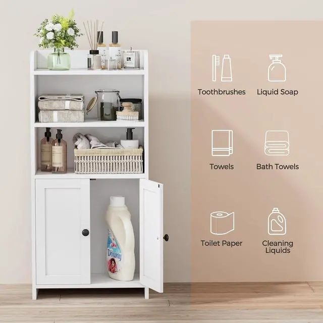 Alt view image 4 of 7 - Homhedy Small Bathroom Storage Cabinet, Toilet Paper Storage Cabinet | Bathroom Floor Cabinet with Doors and Shelves, Bathroom Organizers for Small Spaces, 7.9" D x 14.6" W x 31" H, White