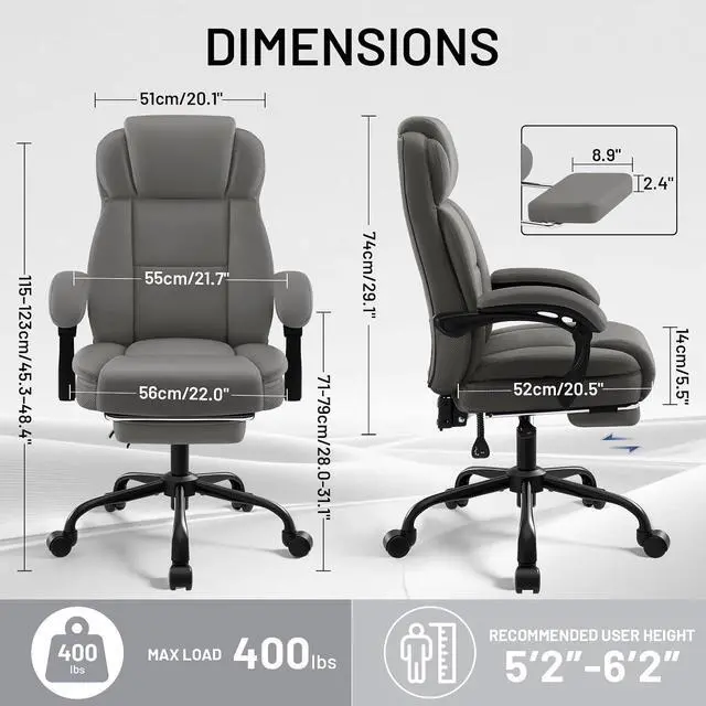 Alt view image 3 of 7 - AreShark Ergonomic Office Chair with Footrest,PU Leather Executive Desk Chair Padded Linkage Armrests,Lumbar Support,Swivel Computer Chair for Home Office & Gaming,Gray