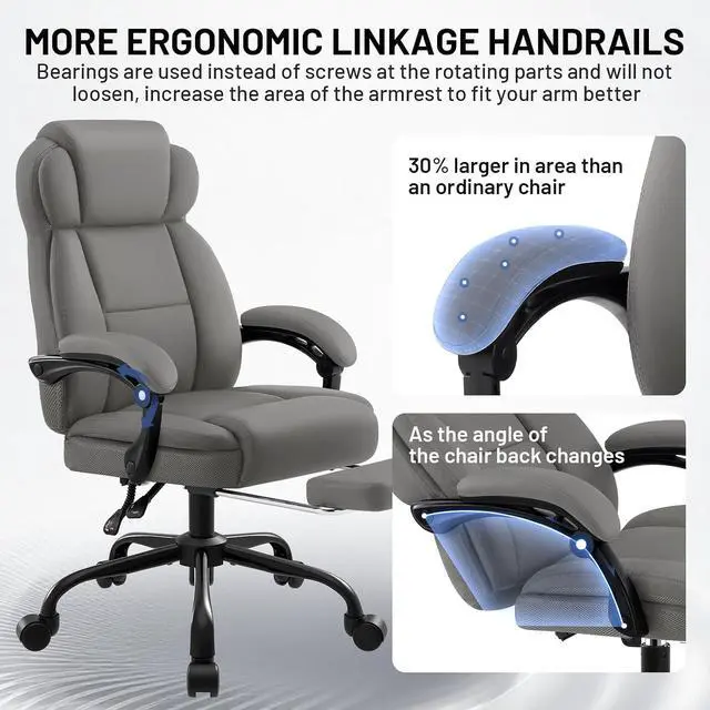 Alt view image 6 of 7 - AreShark Ergonomic Office Chair with Footrest,PU Leather Executive Desk Chair Padded Linkage Armrests,Lumbar Support,Swivel Computer Chair for Home Office & Gaming,Gray