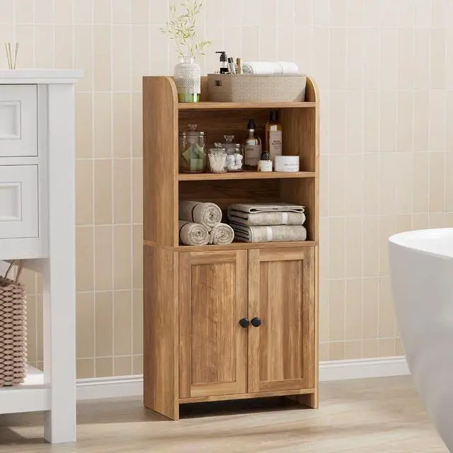 Alt view image 4 of 7 - Homhedy Small Bathroom Storage Cabinet, Toilet Paper Storage Cabinet | Bathroom Floor Cabinet with Doors and Shelves, Bathroom Organizers for Small Spaces, 7.9"D x 14.6"W x 31"H, Rustic Walnut
