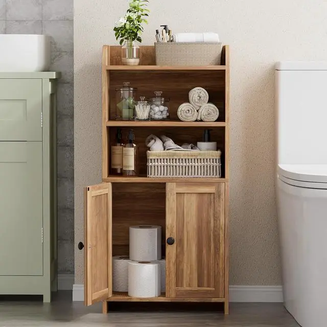 Alt view image 5 of 7 - Homhedy Small Bathroom Storage Cabinet, Toilet Paper Storage Cabinet | Bathroom Floor Cabinet with Doors and Shelves, Bathroom Organizers for Small Spaces, 7.9"D x 14.6"W x 31"H, Rustic Walnut