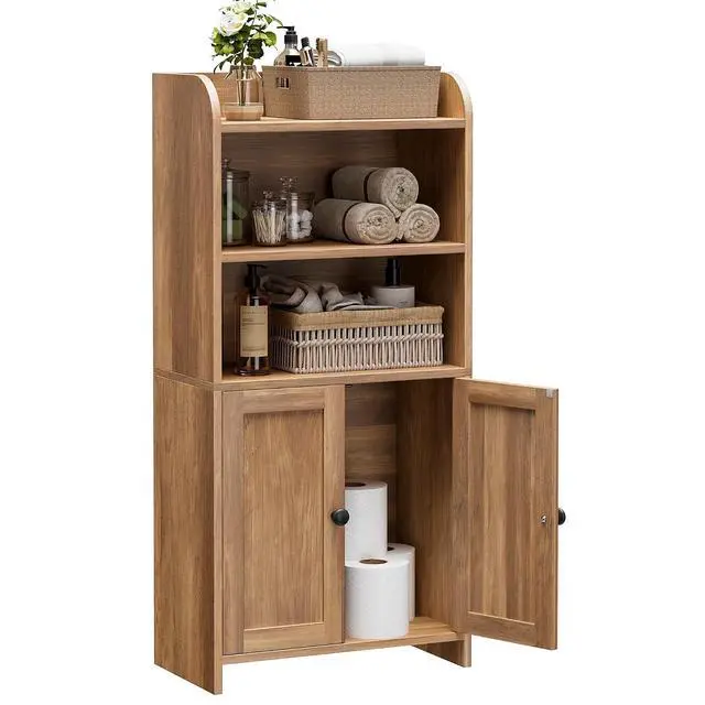 Alt view image 6 of 7 - Homhedy Small Bathroom Storage Cabinet, Toilet Paper Storage Cabinet | Bathroom Floor Cabinet with Doors and Shelves, Bathroom Organizers for Small Spaces, 7.9"D x 14.6"W x 31"H, Rustic Walnut