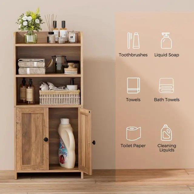 Alt view image 7 of 7 - Homhedy Small Bathroom Storage Cabinet, Toilet Paper Storage Cabinet | Bathroom Floor Cabinet with Doors and Shelves, Bathroom Organizers for Small Spaces, 7.9"D x 14.6"W x 31"H, Rustic Walnut