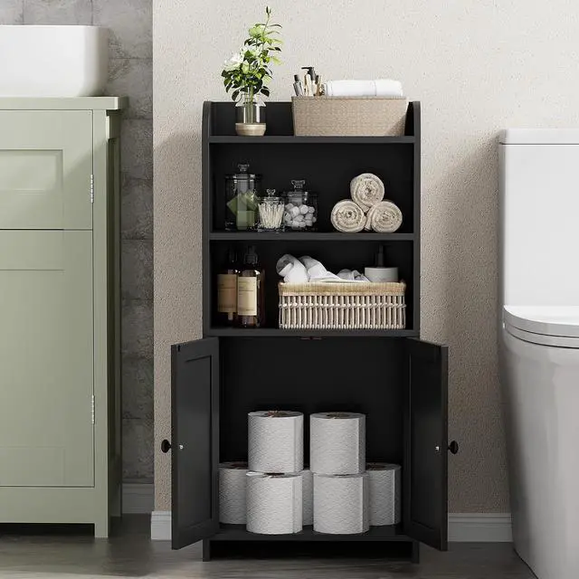 Alt view image 3 of 7 - Homhedy Small Bathroom Storage Cabinet, Toilet Paper Storage Cabinet | Bathroom Floor Cabinet with Doors and Shelves, Bathroom Organizers for Small Spaces, 7.9" D x 14.6" W x 31" H, Black
