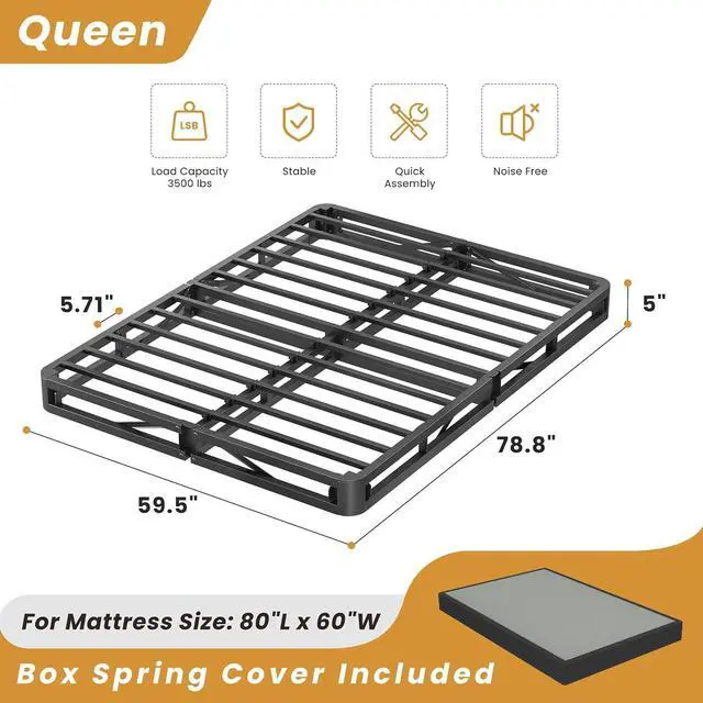 Alt view image 3 of 7 - MAF 5 Inch Queen Box Spring for Queen Bed Low Profile Bed Base with Cover | 3500 lbs Black Heavy Duty Support, Round Corner Design, Metal Mattress Foundation, No Squeaky, Easy Assembly, Noise Free