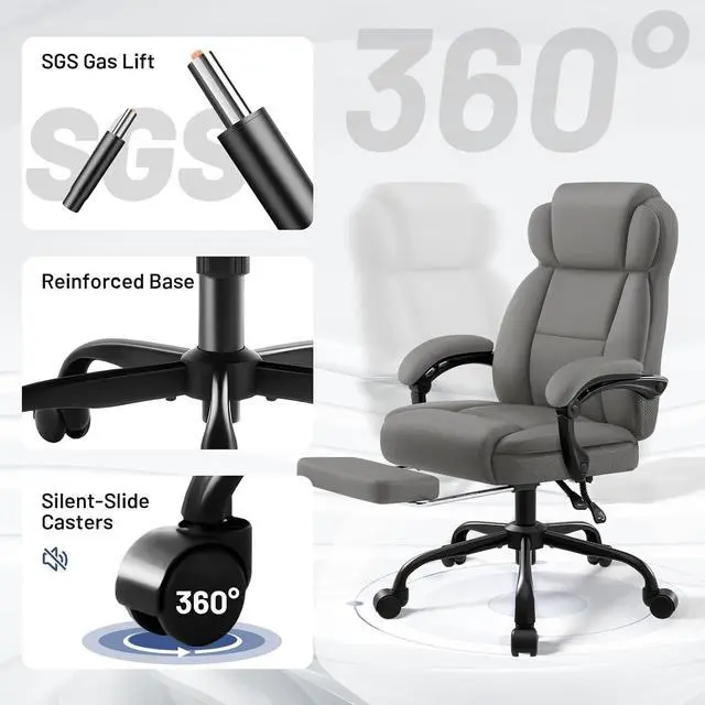 Alt view image 7 of 7 - AreShark Ergonomic Office Chair with Footrest,PU Leather Executive Desk Chair Padded Linkage Armrests,Lumbar Support,Swivel Computer Chair for Home Office & Gaming,Gray