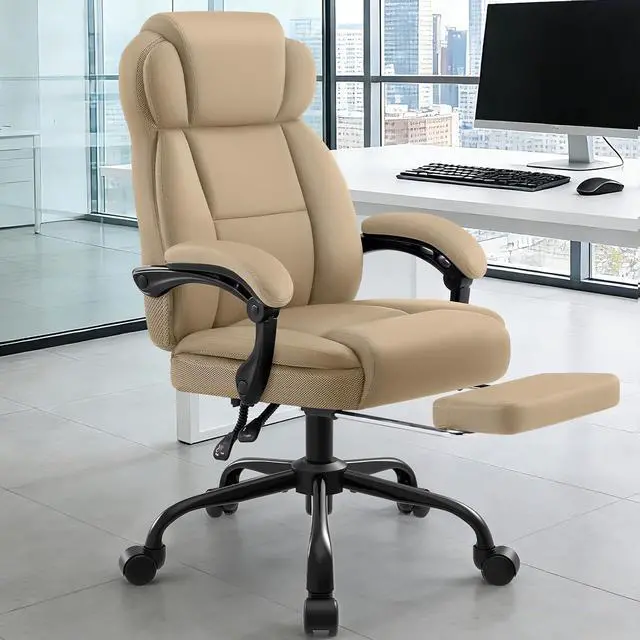 Alt view image 2 of 7 - AreShark Ergonomic Office Chair with Footrest,PU Leather Executive Desk Chair Padded Linkage Armrests,Lumbar Support,Swivel Computer Chair for Home Office & Gaming,Khaki