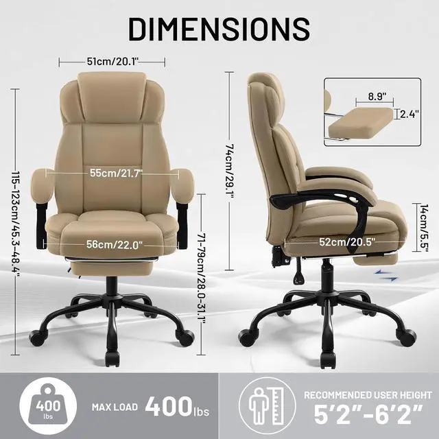 Alt view image 3 of 7 - AreShark Ergonomic Office Chair with Footrest,PU Leather Executive Desk Chair Padded Linkage Armrests,Lumbar Support,Swivel Computer Chair for Home Office & Gaming,Khaki