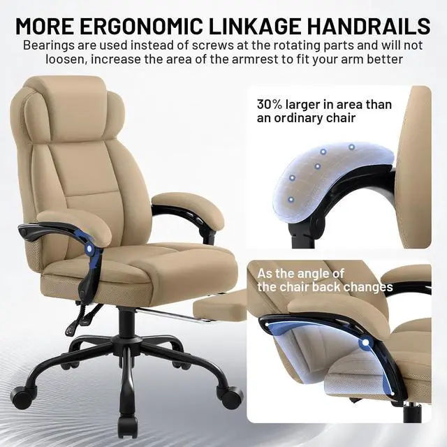 Alt view image 6 of 7 - AreShark Ergonomic Office Chair with Footrest,PU Leather Executive Desk Chair Padded Linkage Armrests,Lumbar Support,Swivel Computer Chair for Home Office & Gaming,Khaki