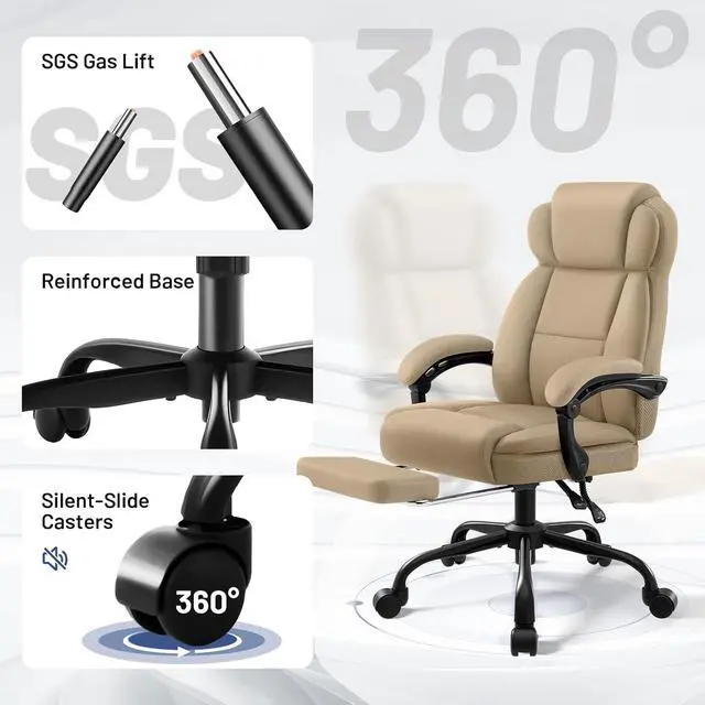 Alt view image 7 of 7 - AreShark Ergonomic Office Chair with Footrest,PU Leather Executive Desk Chair Padded Linkage Armrests,Lumbar Support,Swivel Computer Chair for Home Office & Gaming,Khaki